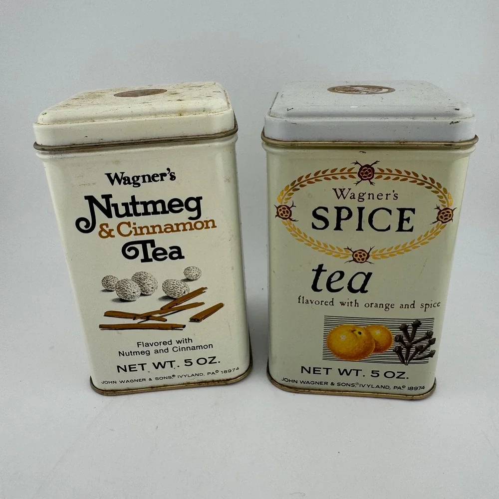 John Wagner & Sons Tea Tins 5oz Cream Vintage Spice Nutmeg Cinnamon Set of 2